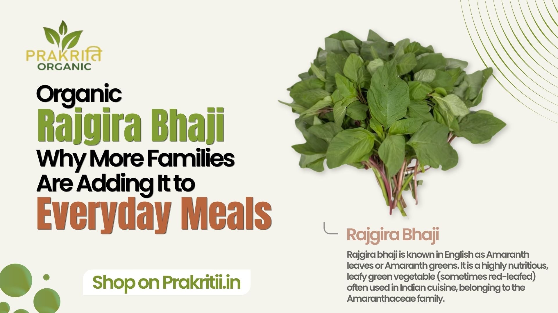 Prakriti Organic ad for Rajgira Bhaji (Amaranth leaves), highlighting its nutrition and use in everyday Indian meals.