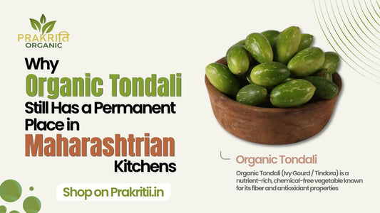 Organic Tondali (Ivy Gourd) in a wooden bowl for Prakritii Organic, highlighting its place in Maharashtrian kitchens.