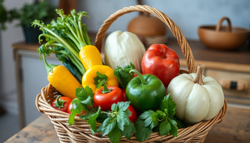 Fresh organic vegetables in a rustic kitchen basket