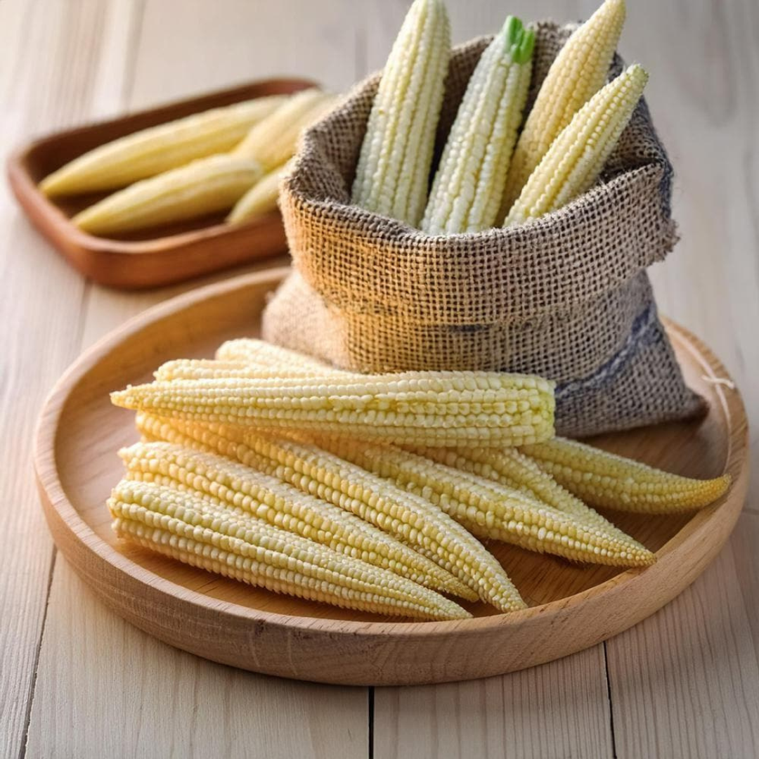 Fresh organic baby corn online in a burlap bag and on a wooden plate for healthy cooking