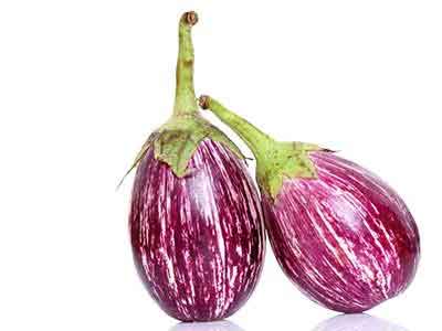 Two fresh organic big brinjal online with vibrant purple skin and green caps, perfect for healthy meals