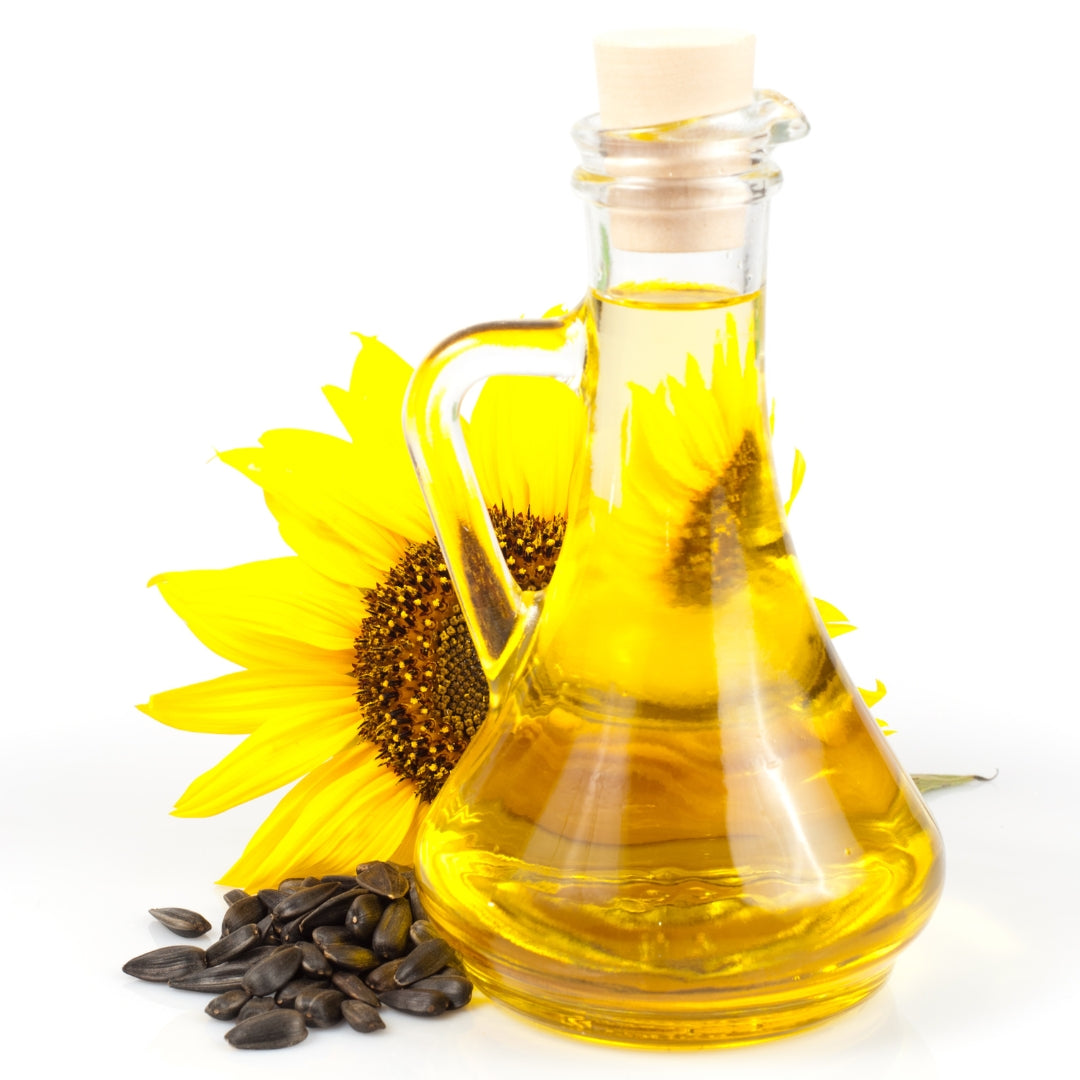 My Store organic cold pressed sunflower oil in a glass bottle with sunflower and seeds