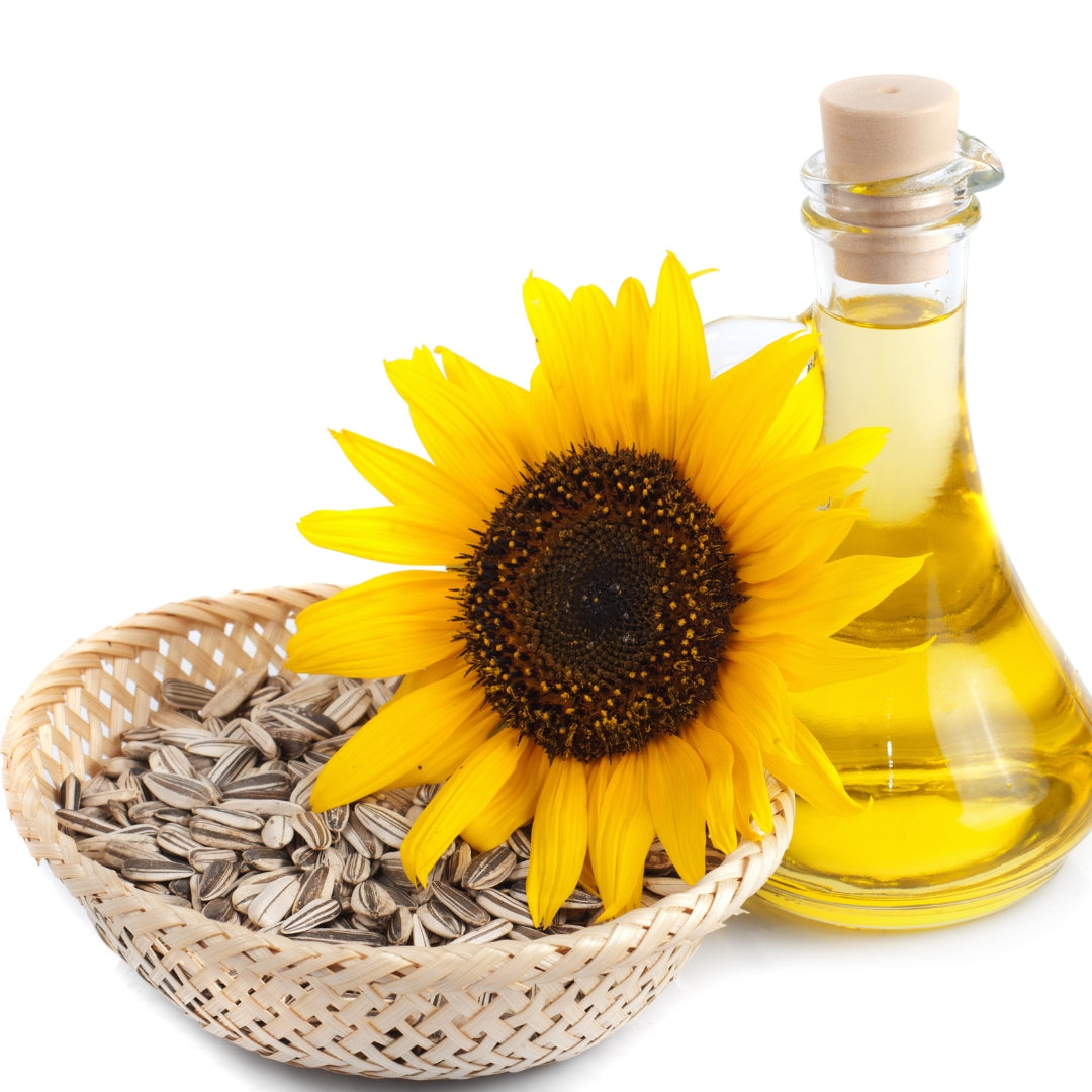 My Store organic cold pressed sunflower oil in a glass bottle with sunflower and seeds