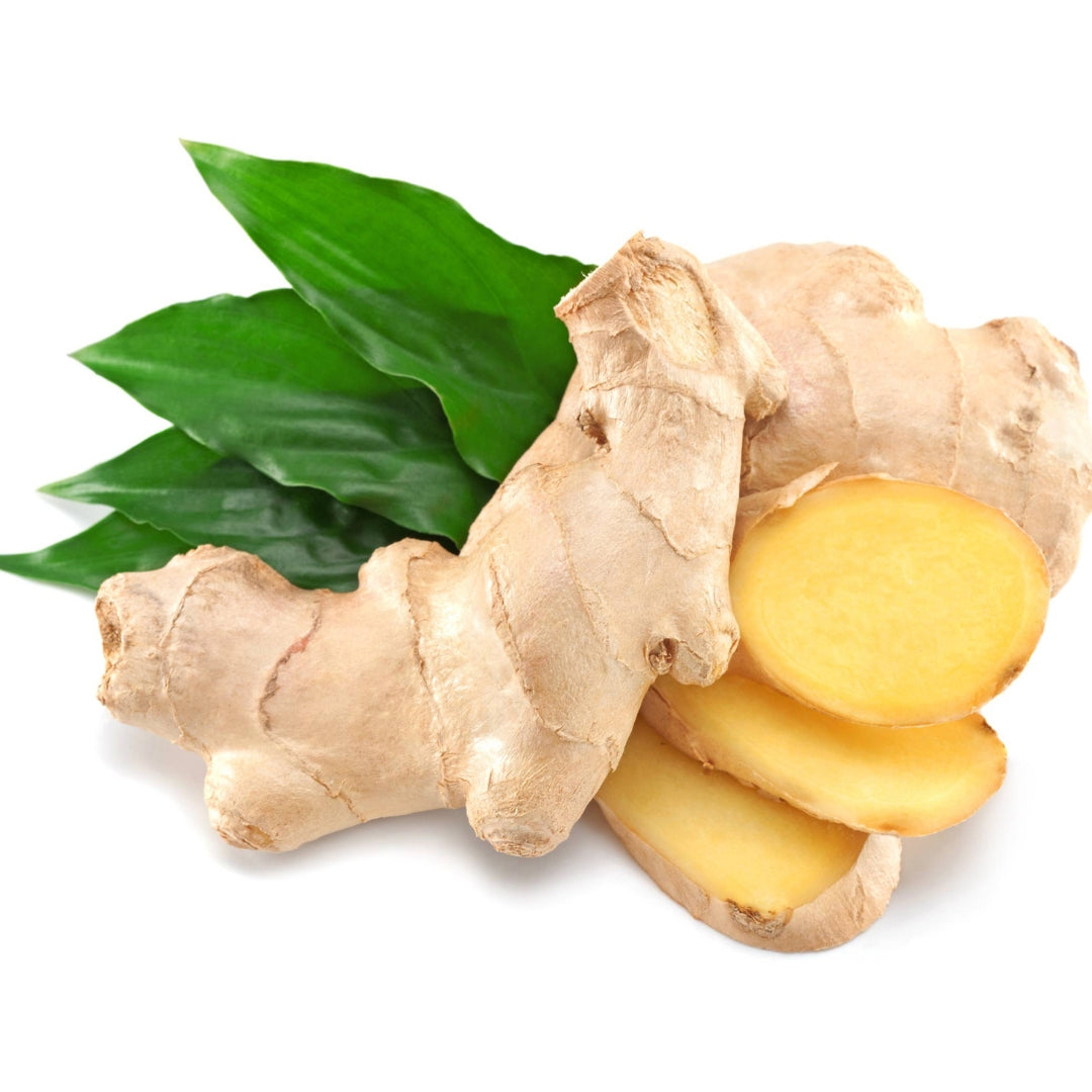 Fresh organic ginger online with slices and green leaves for cooking and health benefits
