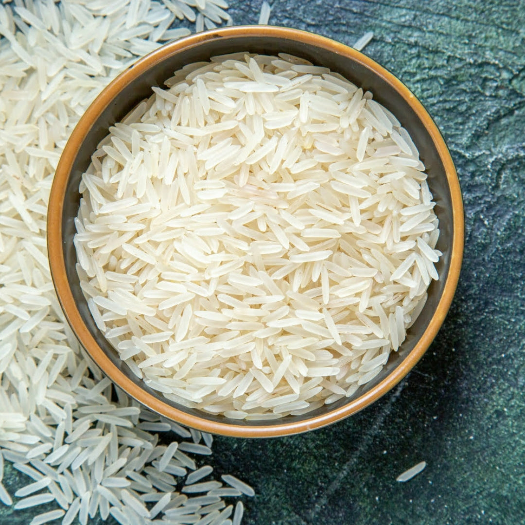 Bowl of organic Indrayani rice showcasing its long and slender grains