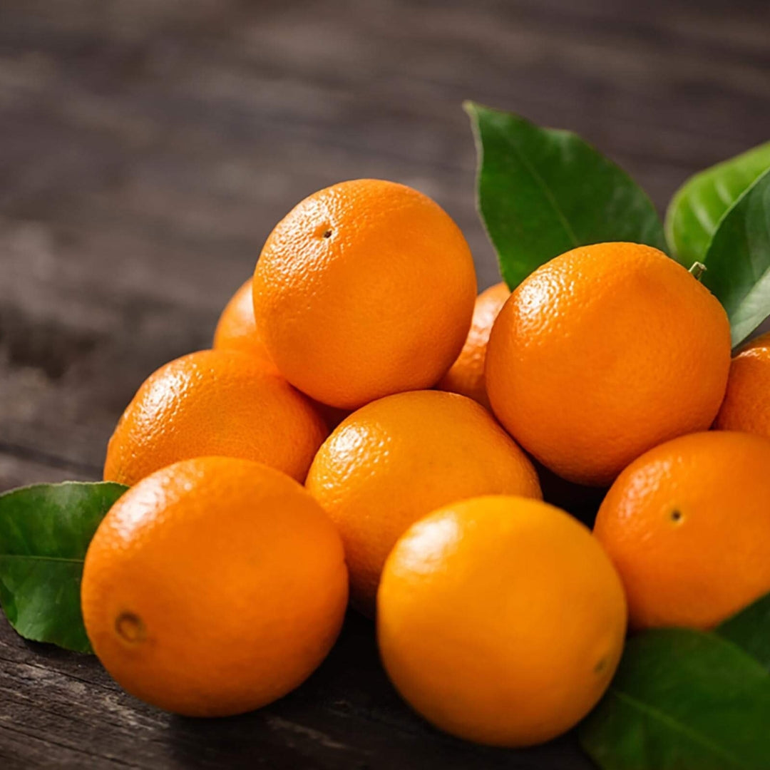 Fresh organic oranges Mumbai arranged with green leaves on a wooden surface
