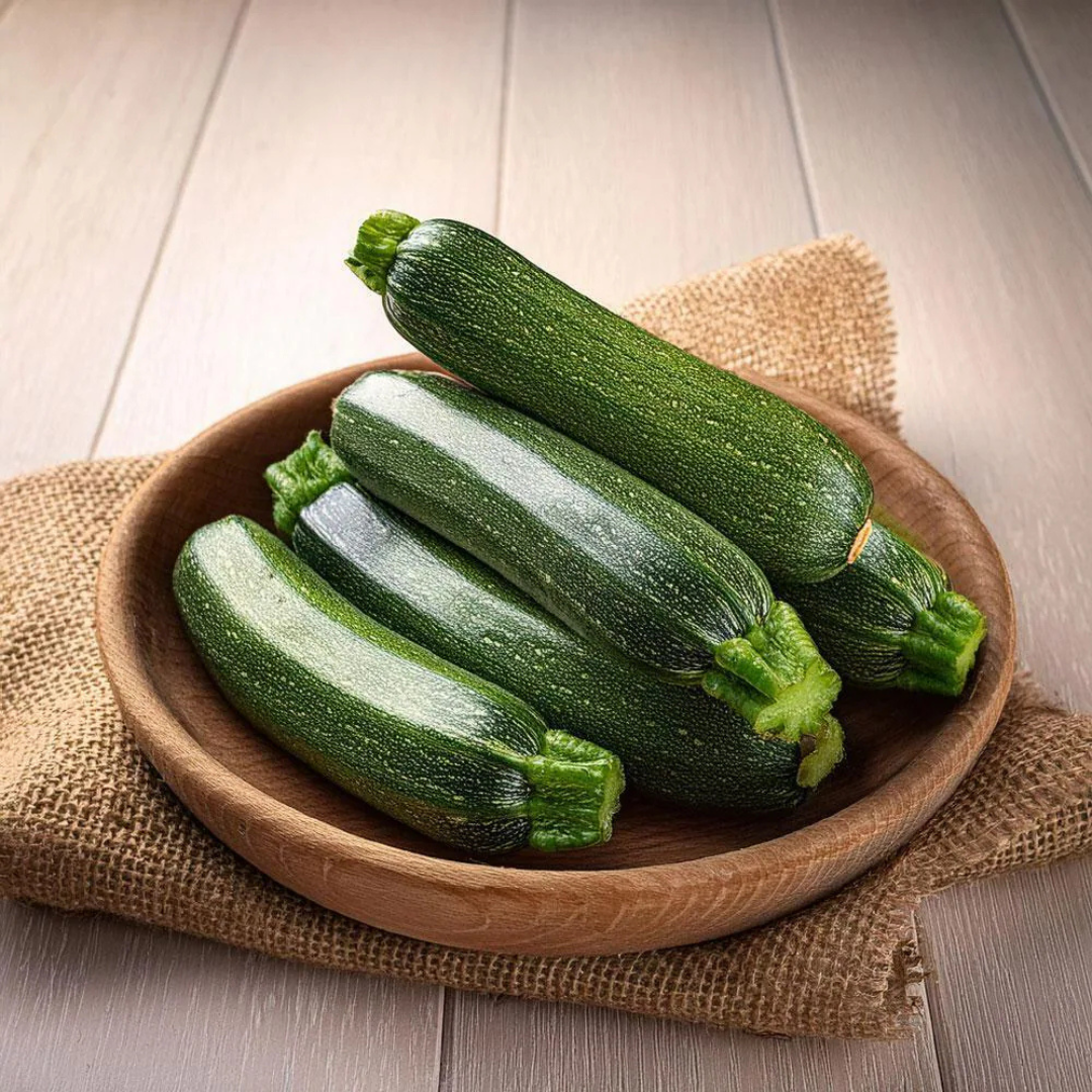 Fresh organic zucchini online Mumbai displayed in a wooden bowl on a rustic table